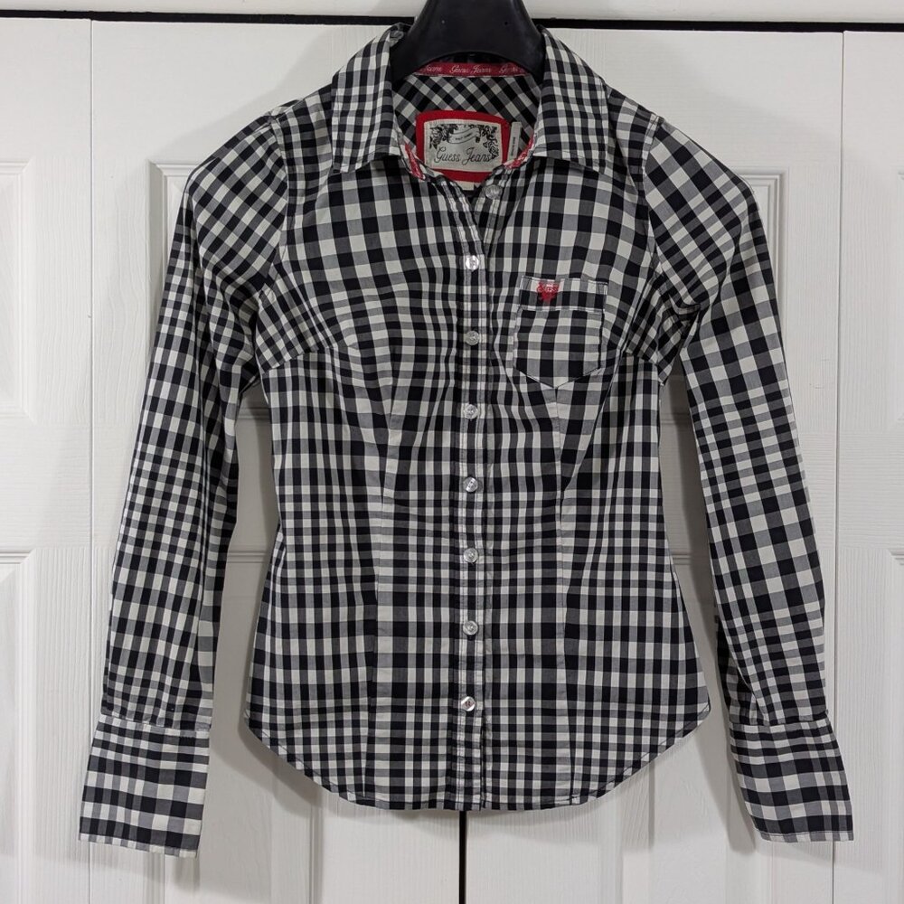 Guess Jeans Long Sleeve Checkered Black and White Button Up Blouse